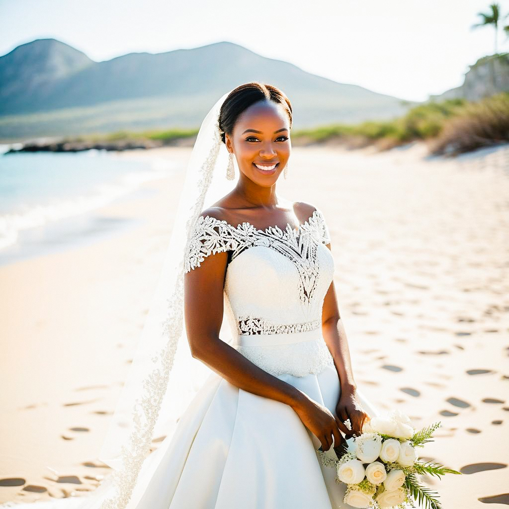 Radiant Bride on Beach with Mountains Radiant Bride on Beach with Mountains
