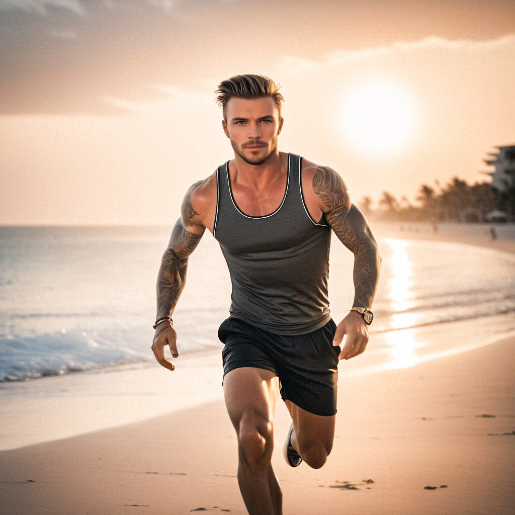 Fit man running on beach at sunset