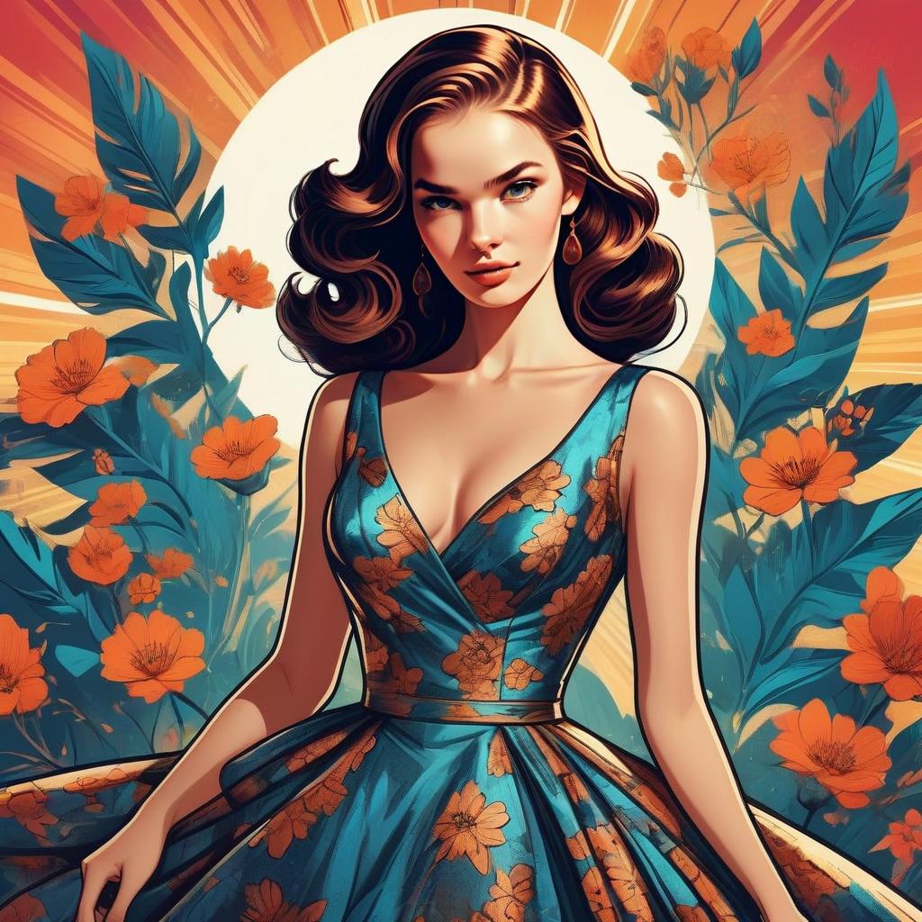 Illustrated Woman in Blue Dress with Floral Patterns