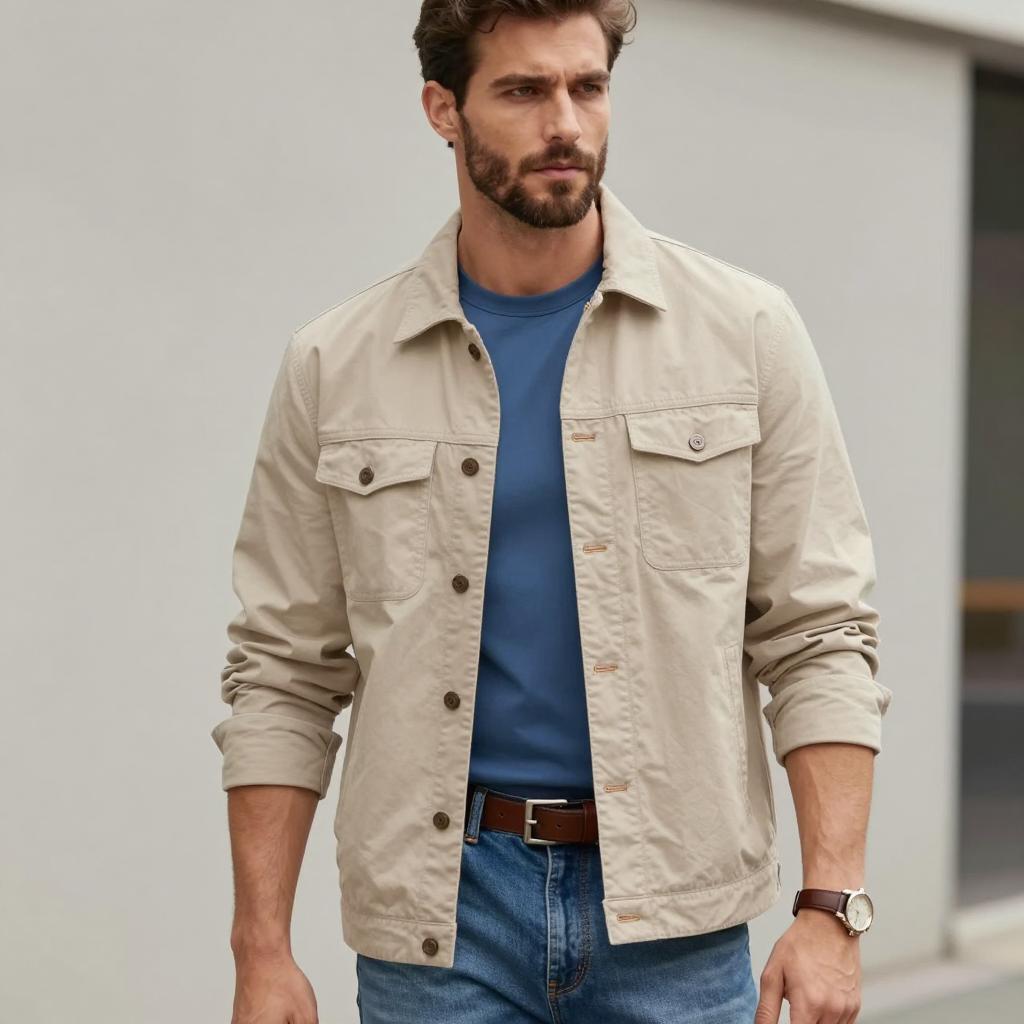 Man Wearing Beige Jacket and Blue Shirt Casual Urban Fashion