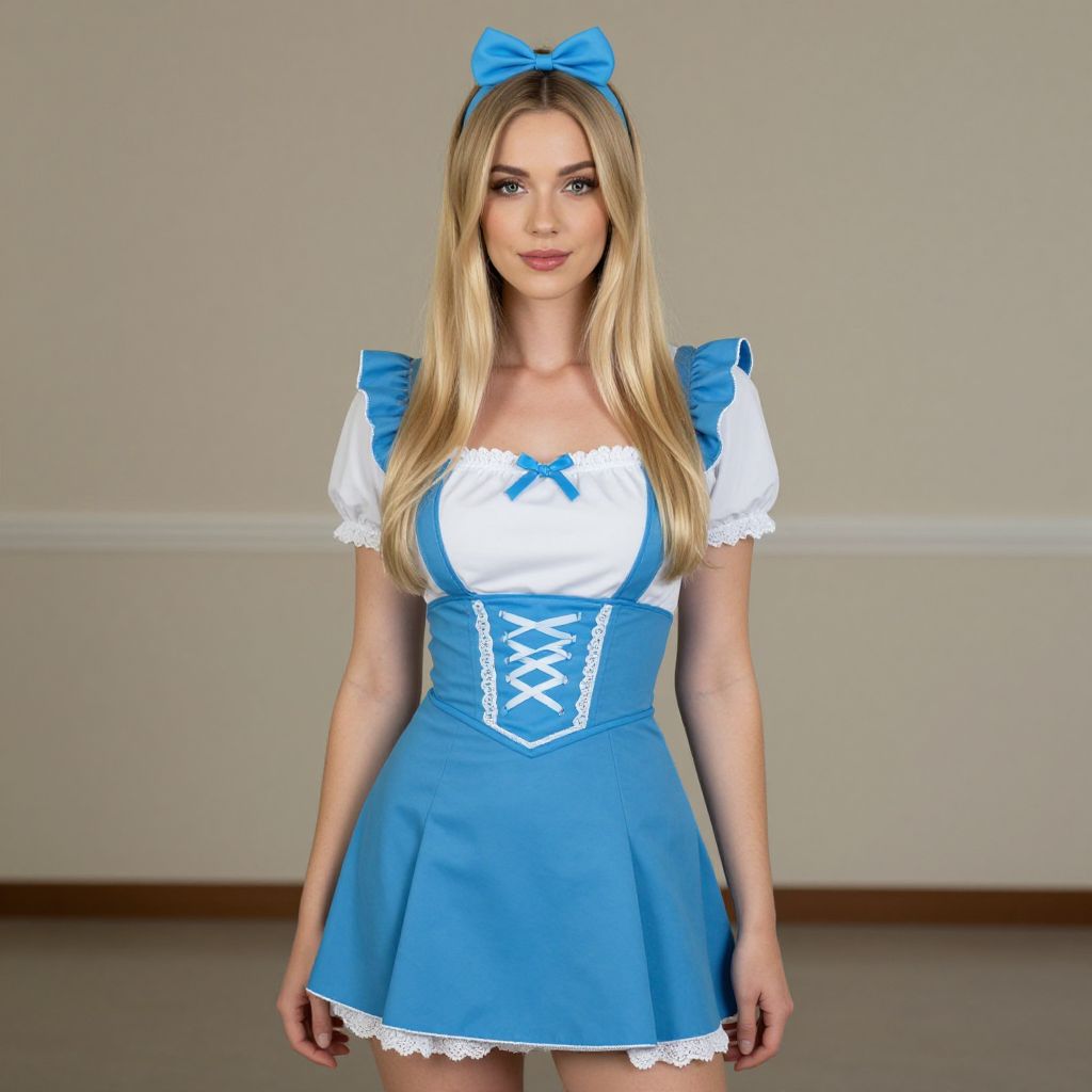 Blonde Woman in Blue and White Vintage-Style Dress with Bow Headband