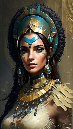 Regal Woman in Egyptian-Inspired Golden Headdress and Armor Digital Artwork