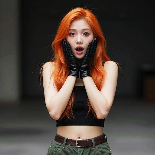 Portrait of Surprised Woman with Vibrant Orange Hair in Black Crop Top and Gloves