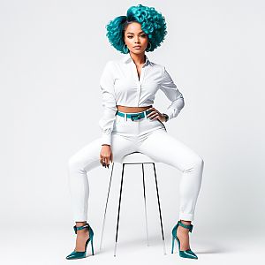 Confident Woman with Teal Hair in Chic White Outfit
