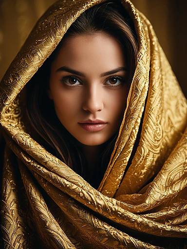 Elegant Woman Draped in Ornate Golden Fabric – Close-Up Portrait
