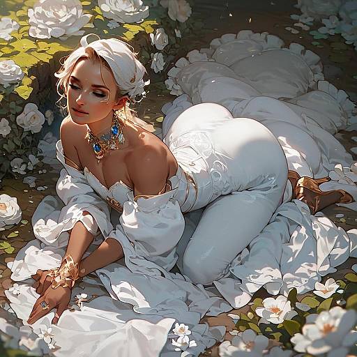 Elegant Woman in White Gown Surrounded by Flowers Digital Artwork