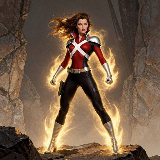 Powerful Woman Superhero in Red and Black Costume with Fiery Aura