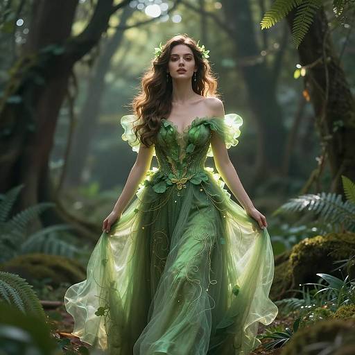 Ethereal Woman in Green Forest Fairy Dress in Enchanted Woods