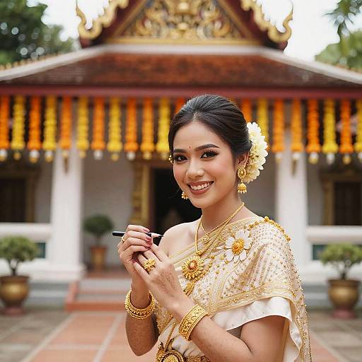 Young Woman in Traditional Southeast Asian Dress and Gold Jewelry in Temple