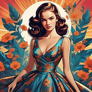 Illustrated Woman in Blue Dress with Floral Patterns
