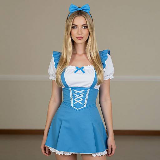 Blonde Woman in Blue and White Vintage-Style Dress with Bow Headband