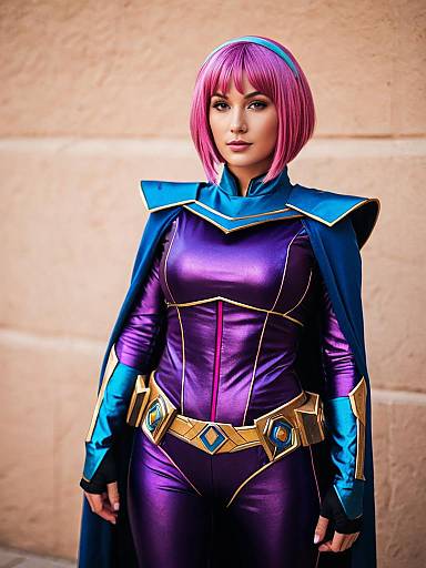 Woman in Futuristic Purple Superhero Costume with Pink Hair