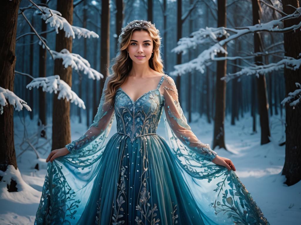 Elegantly dressed woman in snowy forest with blue floral gown