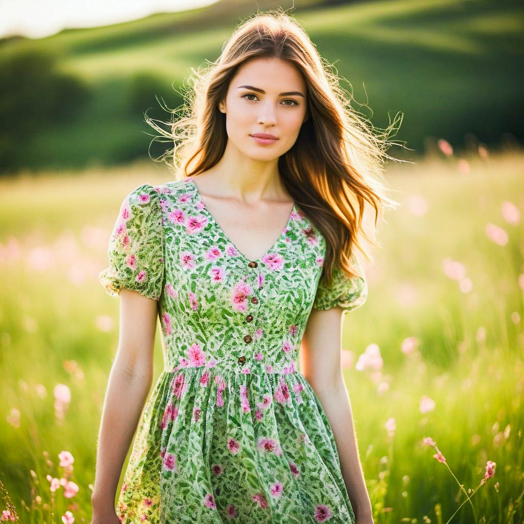 Young Woman in Floral Dress in Sunlit Meadow Young Woman in Floral Dress in Sunlit Meadow