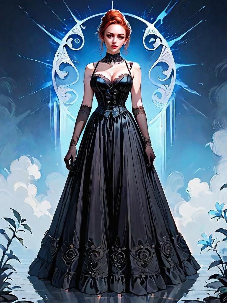 Dark Fantasy Woman in Gothic Black Dress Full Body Artwork