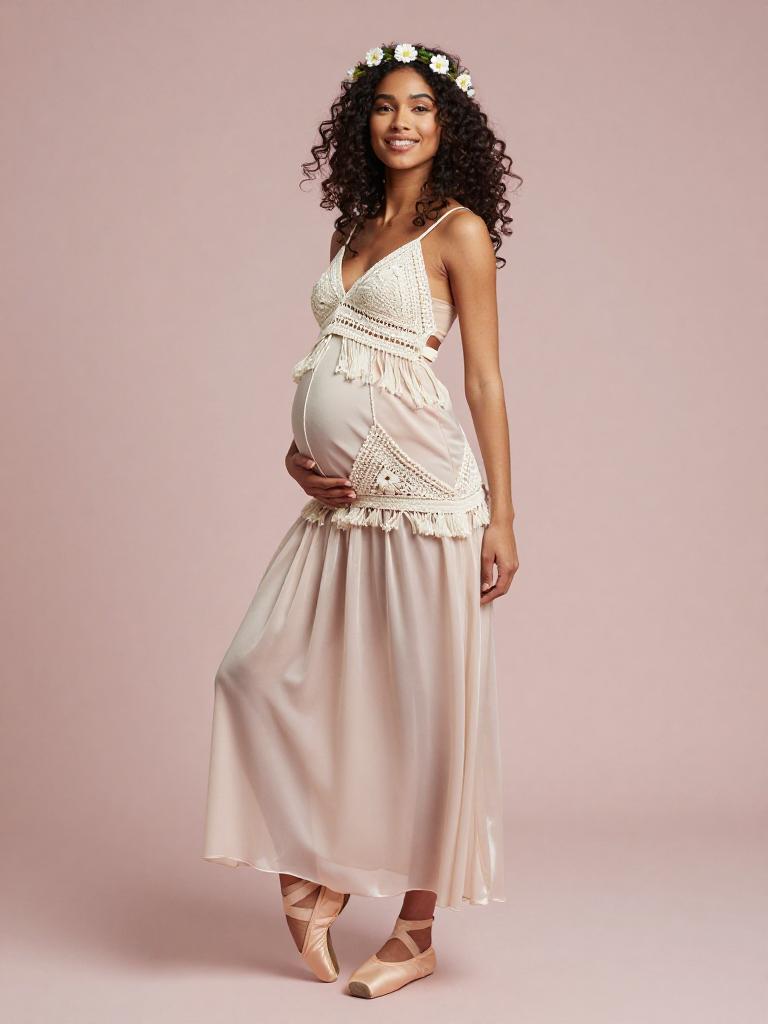Pregnant Woman in Bohemian Dress and Ballet Pointe Shoes with Floral Crown