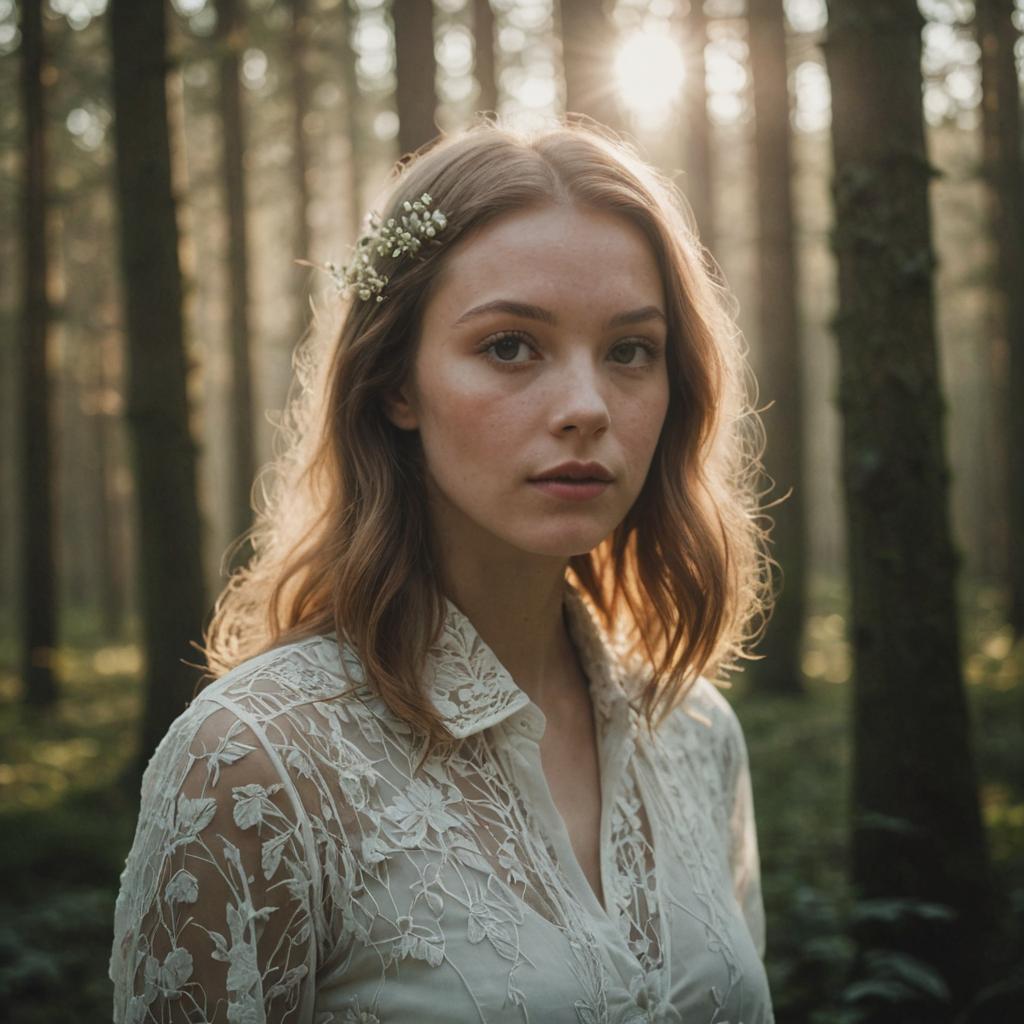 Serene Woman in Sun-Drenched Forest