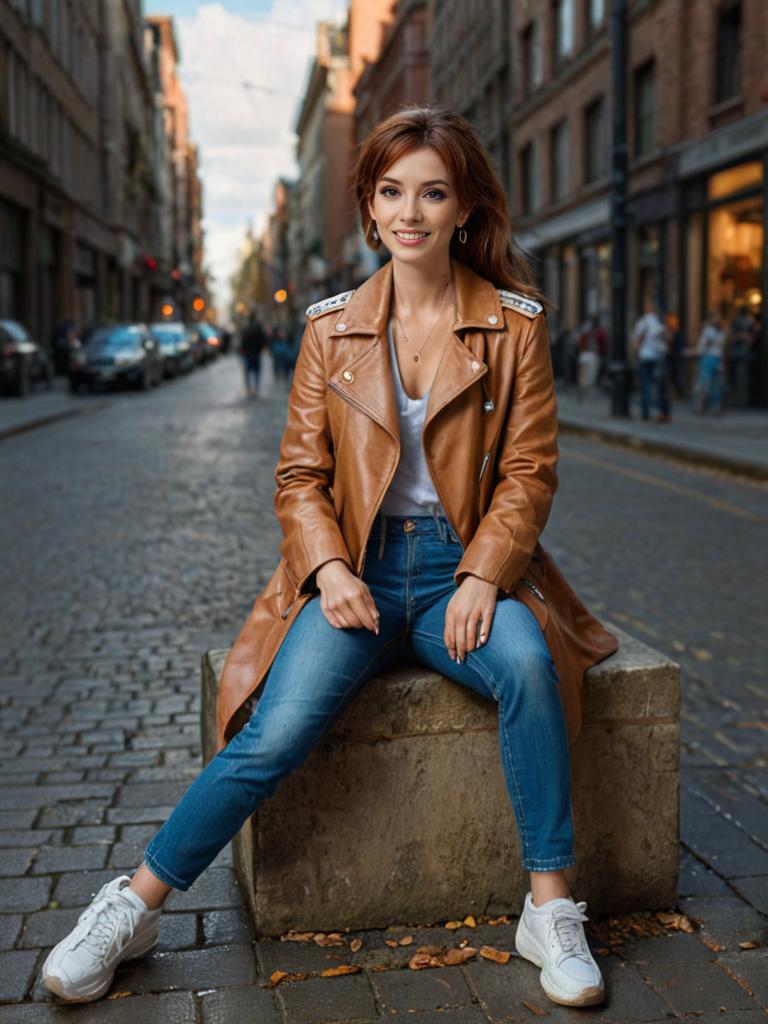 Woman in Brown Leather Jacket on Cobblestone Street