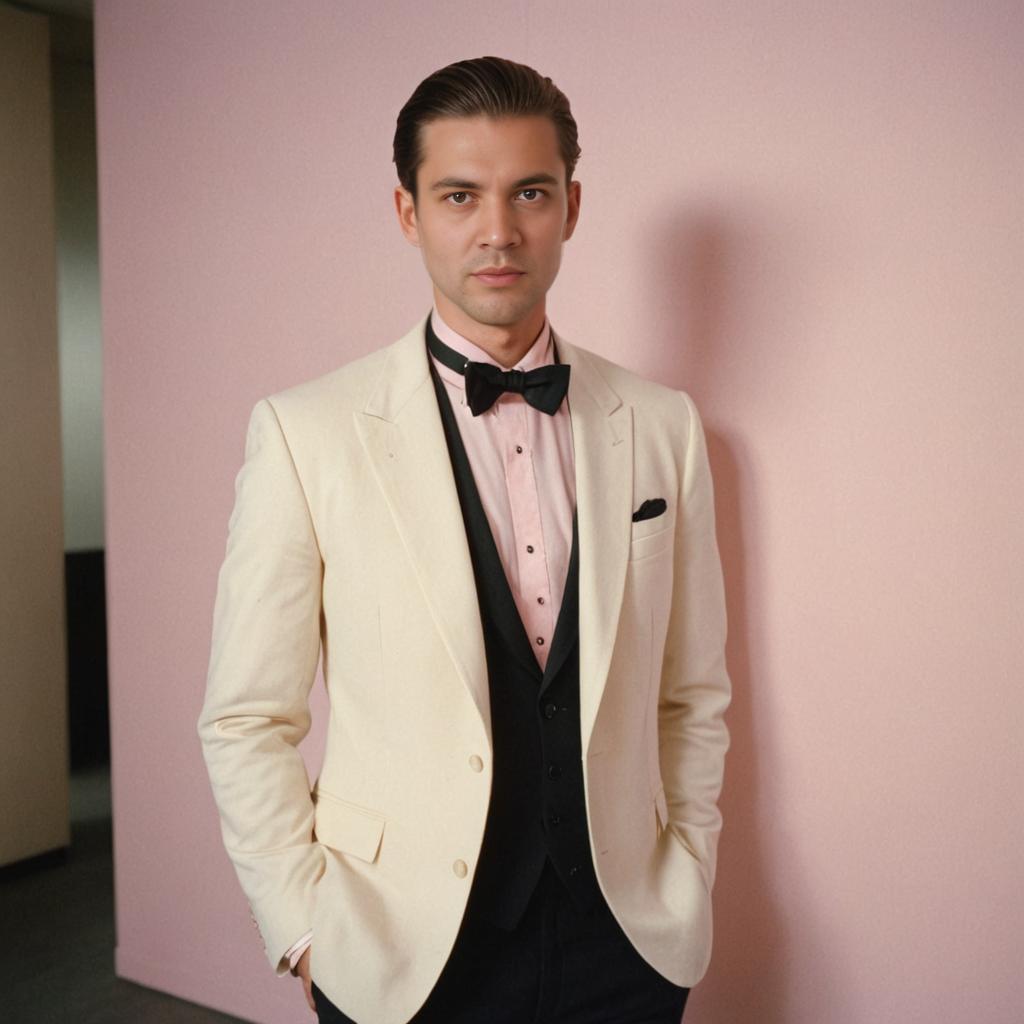 Elegant Man in Cream Suit with Black Bow Tie