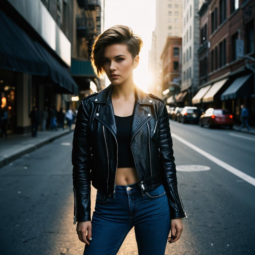 Confident Woman in Black Leather Jacket on Urban Street