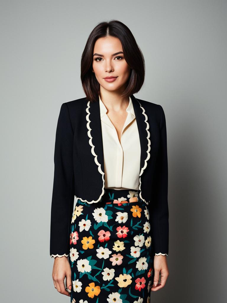 Confident Woman in Stylish Floral Skirt and Scalloped Blazer