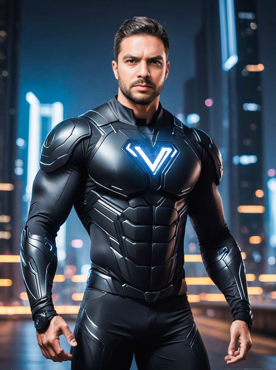 Futuristic Man in Black Costume with Blue 'V' Emblem