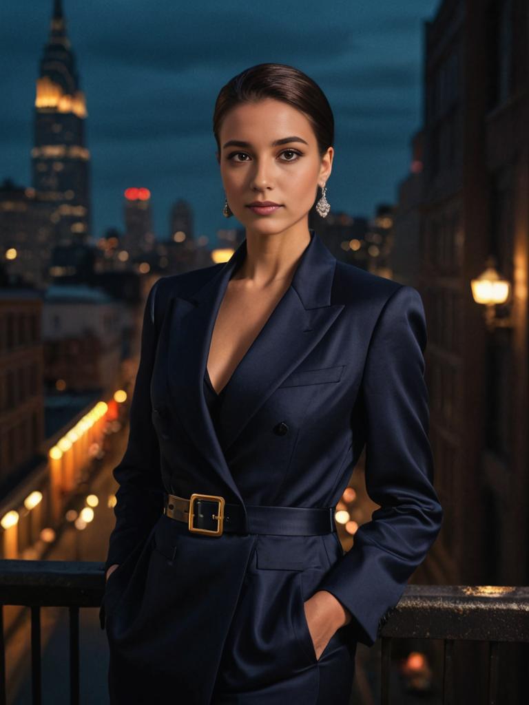 Elegant Woman in Navy Blazer Against Urban Nightscape