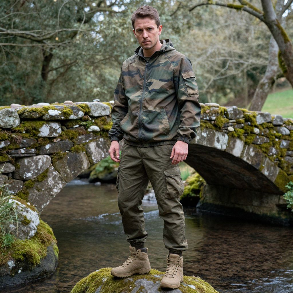 Man in Camouflage Outfit Standing by Stone Bridge in Forest Outdoors