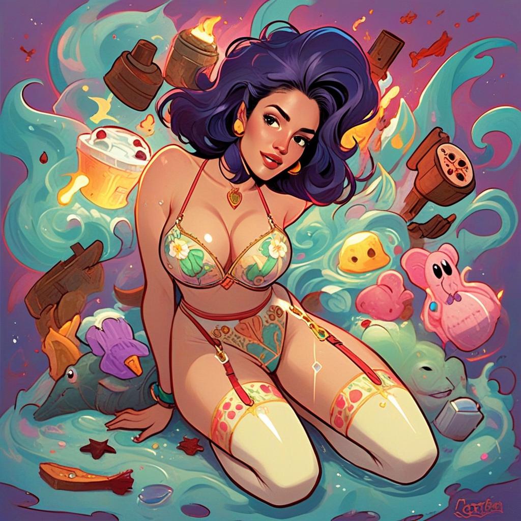 Colorful Digital Illustration of Woman in Floral Lingerie with Floating Objects
