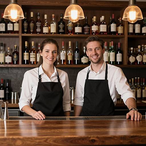 Friendly Bartenders Behind Wooden Bar Counter with Liquor Bottles