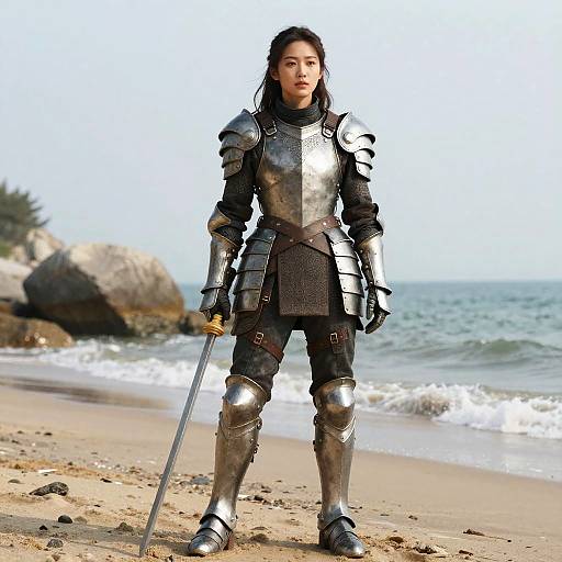 Woman in Medieval Armor Standing on Beach with Sword and Rock Background