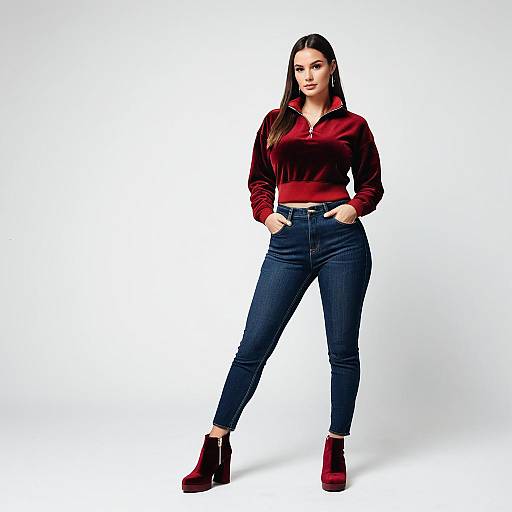 Woman in Burgundy Velvet Cropped Sweatshirt and Dark Blue Skinny Jeans Fashion Portrait
