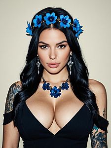 Beautiful Woman with Blue Floral Accessories and Tattoos in Black Dress
