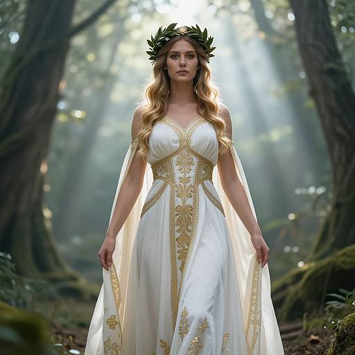 Elegant Woman in White and Gold Embroidered Gown with Laurel Wreath in Mystical Forest