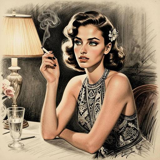 Vintage Glamour Woman Smoking Cigarette Retro Illustration