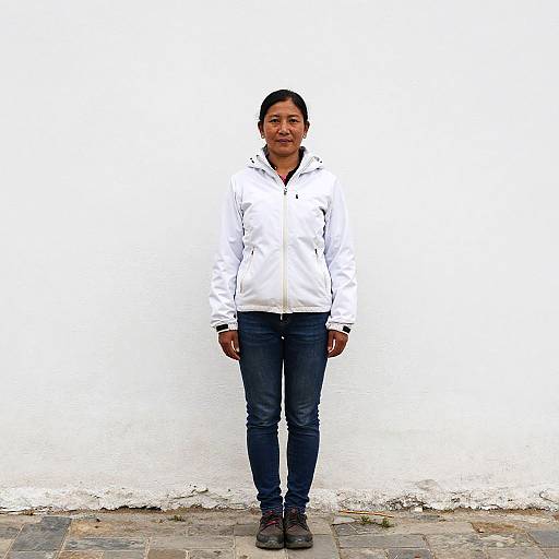 Woman Wearing White Sherpa Jacket and Jeans Standing Against White Wall