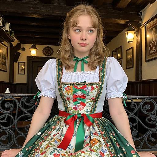 Young Woman in Traditional Bavarian Dirndl Dress Seated Indoors