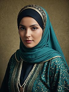 Graceful Woman in Traditional Islamic Outfit with Teal Hijab and Gold Embroidery