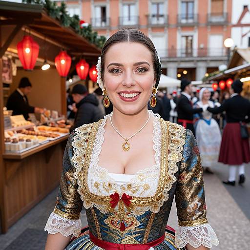 Smiling Woman in Traditional Costume at Outdoor Festival Market