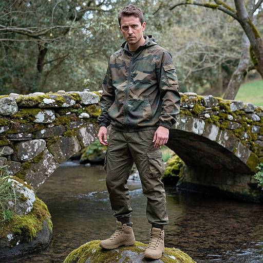 Man in Camouflage Outfit Standing by Stone Bridge in Forest Outdoors