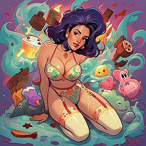 Colorful Digital Illustration of Woman in Floral Lingerie with Floating Objects