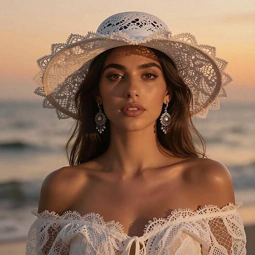 Elegant Woman Wearing Lace Hat and Dress at Beach Golden Hour