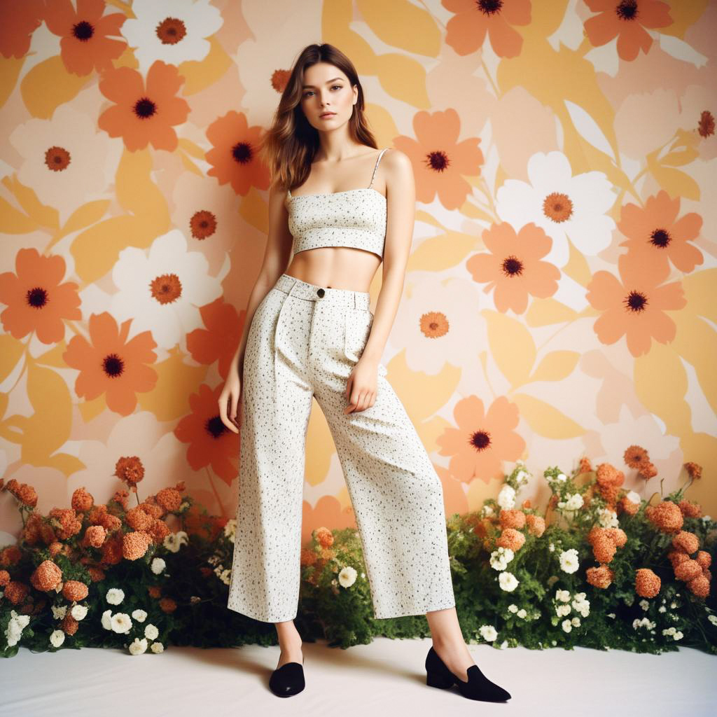 Stylish Woman in Chic Two-Piece Outfit Against Floral Backdrop