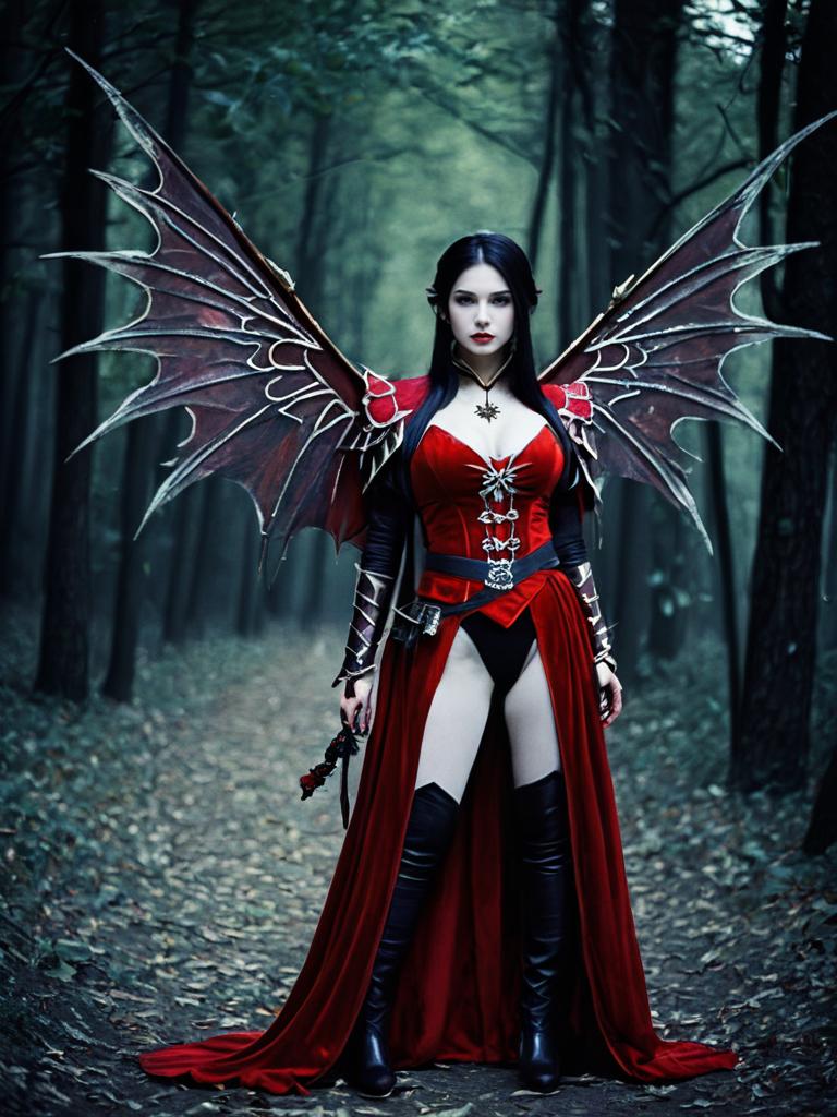 Fantasy Woman in Red Gothic Costume with Bat Wings in Forest
