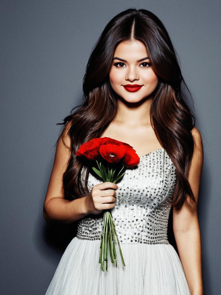 Young Woman in Silver Dress Holding Red Flowers Portrait