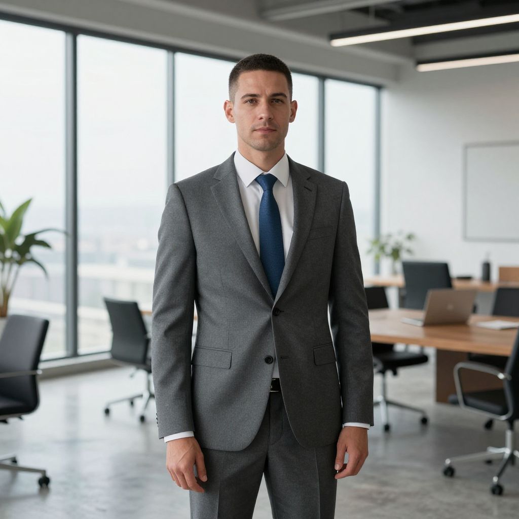 Businessman in Grey Suit Standing in Modern Office