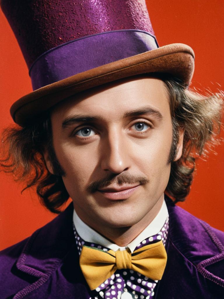 Photorealistic Close-Up Portrait of Man in Willy Wonka Costume
