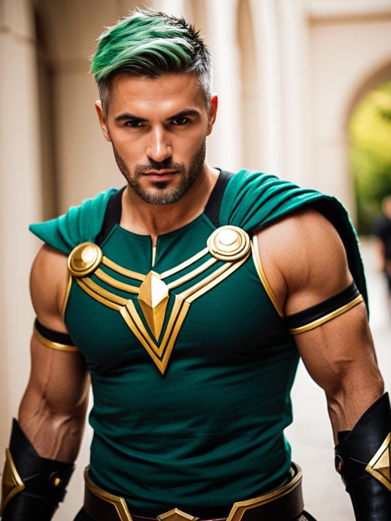 Achilles Fate Green-Haired Warrior Man in Mythological Costume