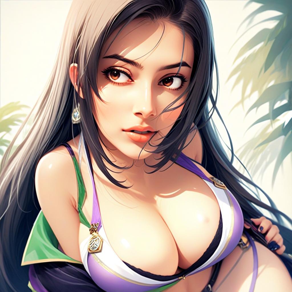 Anime Style Portrait of Woman in Purple and Green Outfit by Mukai Takumi