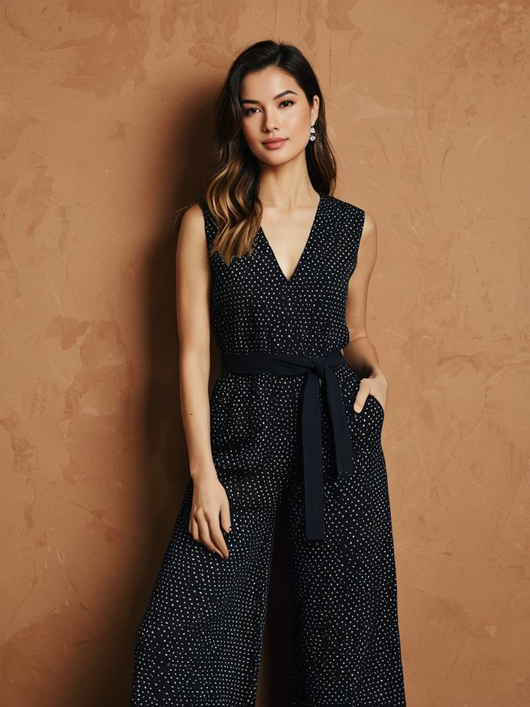 Elegant Woman in Black Polka Dot Jumpsuit Against Brown Textured Wall